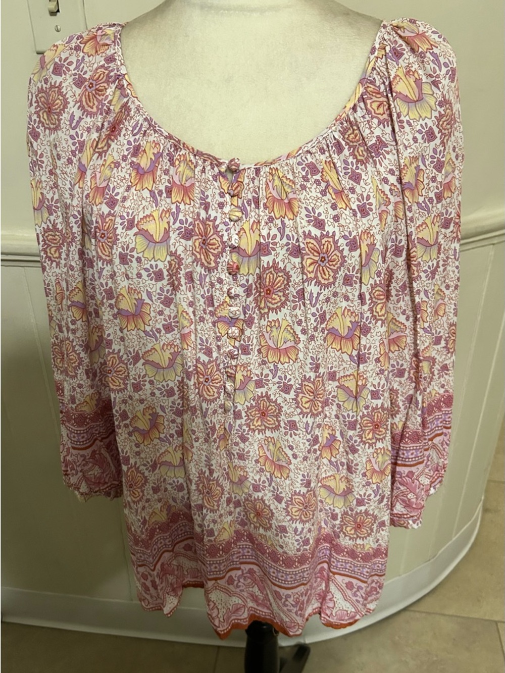 Adrienne Vittadini Floral Boho Button 3/4 Sleeve Blouse /1 X